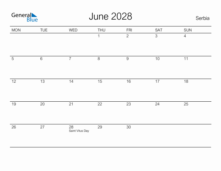 Printable June 2028 Calendar for Serbia