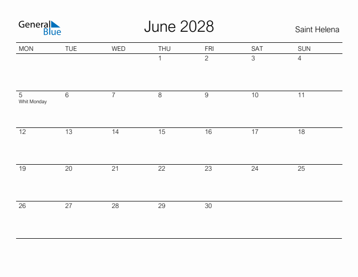 Printable June 2028 Calendar for Saint Helena