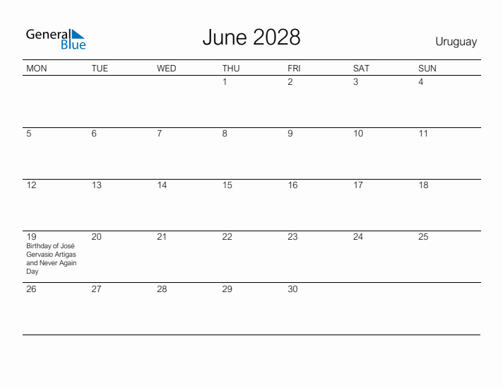 Printable June 2028 Calendar for Uruguay