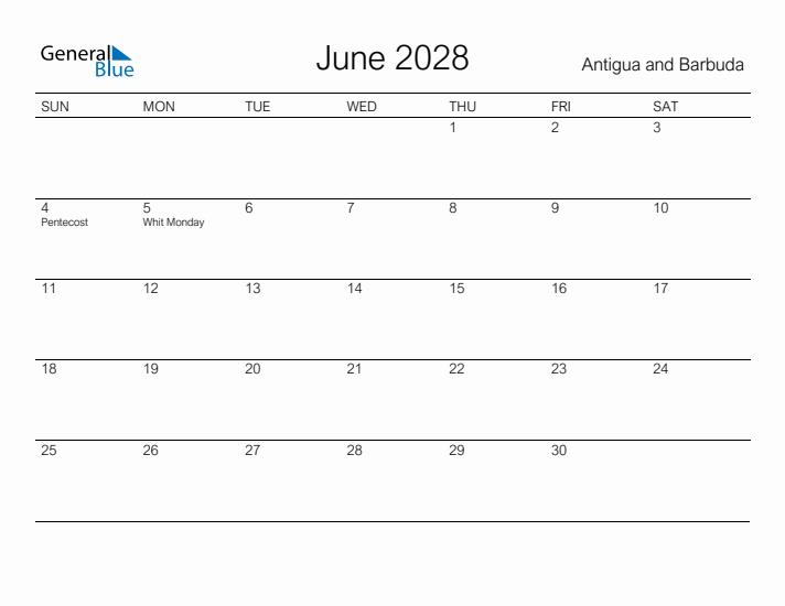 Printable June 2028 Calendar for Antigua and Barbuda