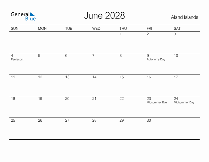 Printable June 2028 Calendar for Aland Islands