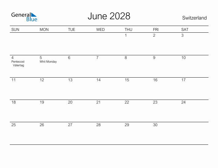 Printable June 2028 Calendar for Switzerland