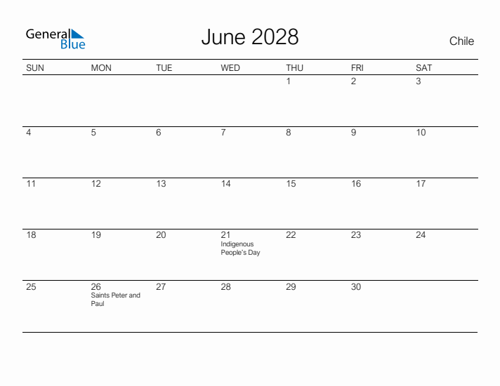 Printable June 2028 Calendar for Chile