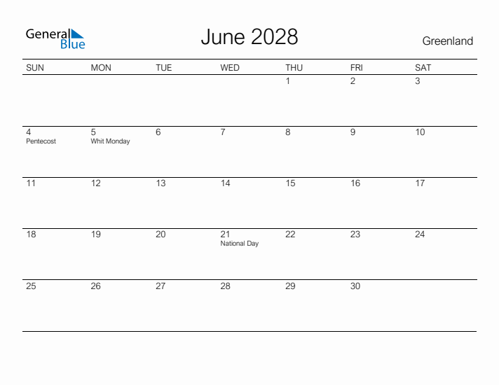 Printable June 2028 Calendar for Greenland