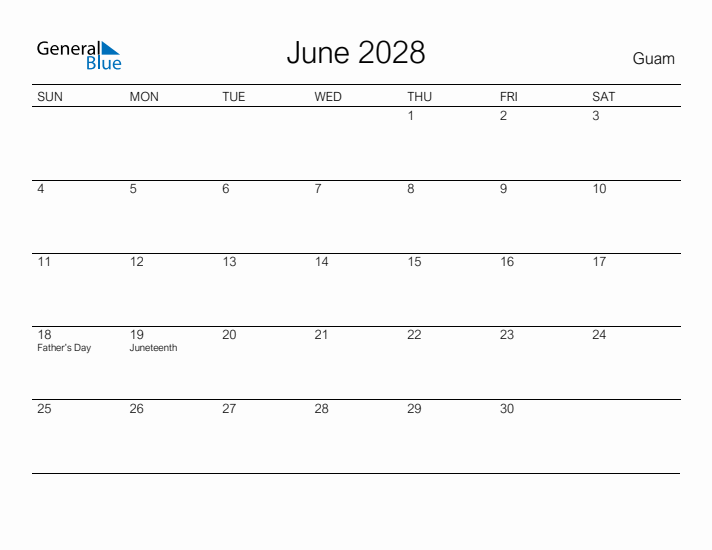 Printable June 2028 Calendar for Guam