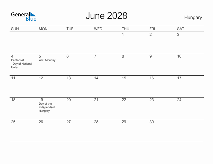 Printable June 2028 Calendar for Hungary