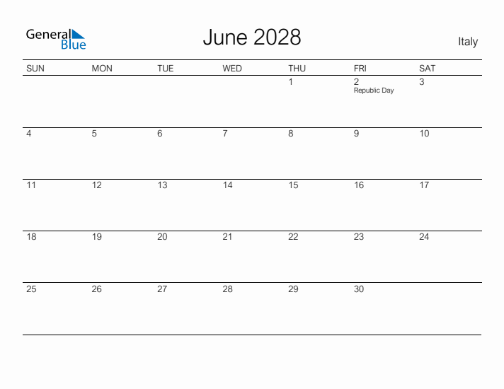 Printable June 2028 Calendar for Italy