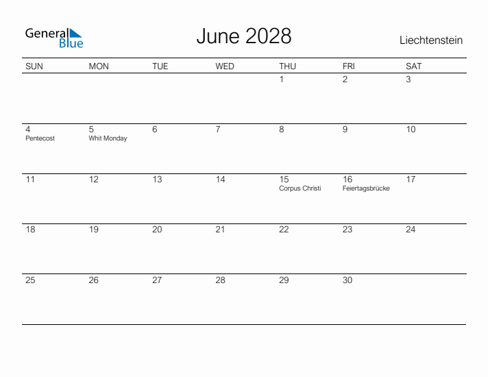 Printable June 2028 Calendar for Liechtenstein