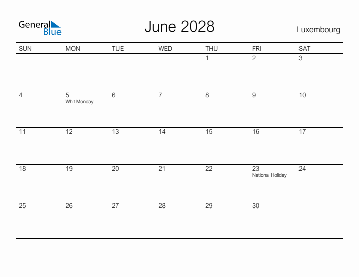 Printable June 2028 Calendar for Luxembourg