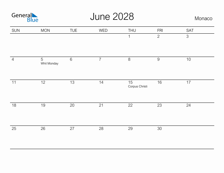 Printable June 2028 Calendar for Monaco