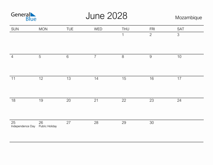 Printable June 2028 Calendar for Mozambique