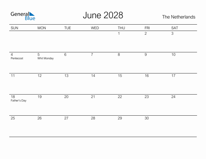 Printable June 2028 Calendar for The Netherlands