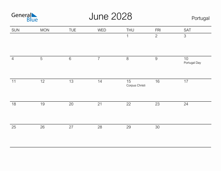 Printable June 2028 Calendar for Portugal