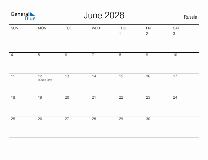 Printable June 2028 Calendar for Russia