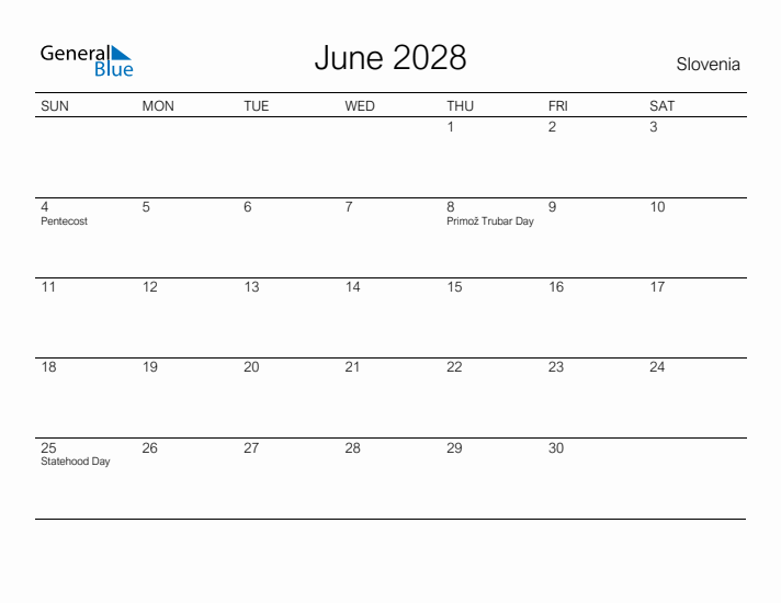 Printable June 2028 Calendar for Slovenia