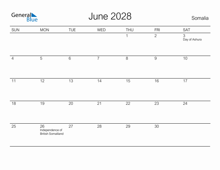 Printable June 2028 Calendar for Somalia