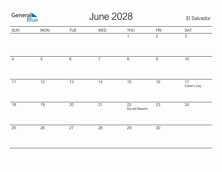 Printable June 2028 Calendar for El Salvador