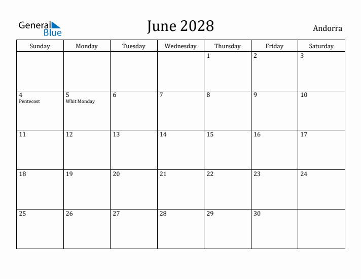 June 2028 Calendar Andorra