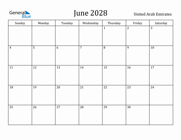 June 2028 Calendar United Arab Emirates