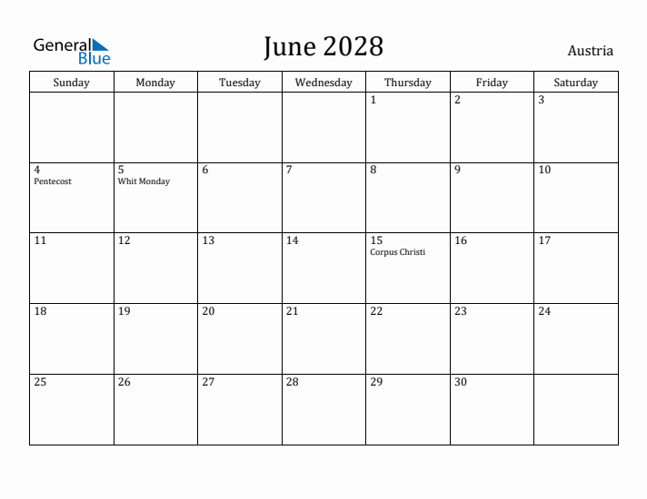 June 2028 Calendar Austria