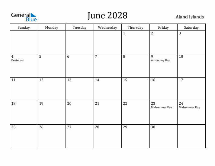 June 2028 Calendar Aland Islands