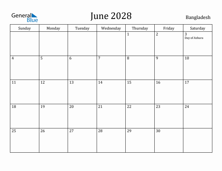 June 2028 Calendar Bangladesh