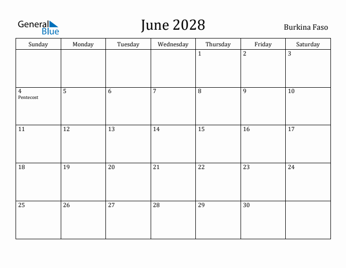 June 2028 Calendar Burkina Faso