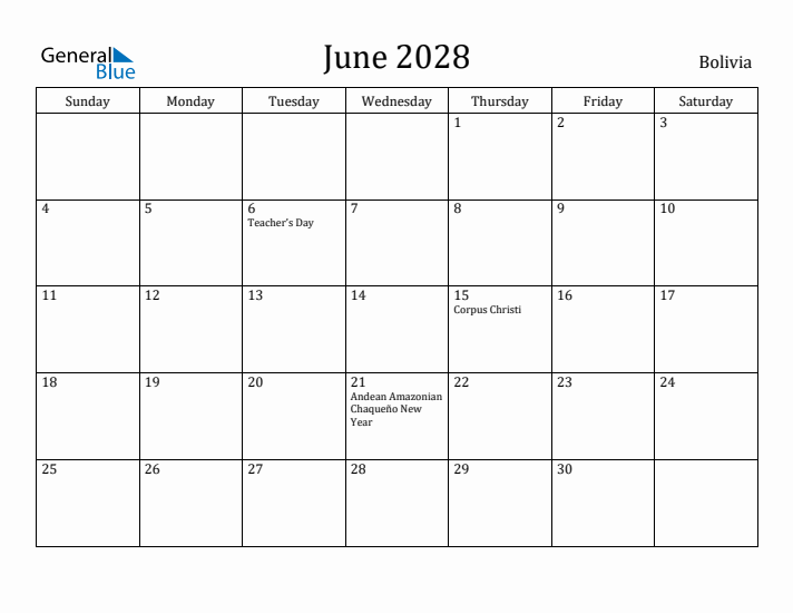 June 2028 Calendar Bolivia