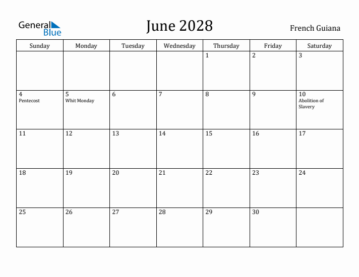 June 2028 Calendar French Guiana