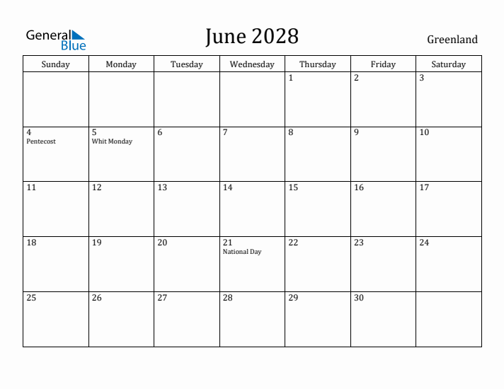 June 2028 Calendar Greenland