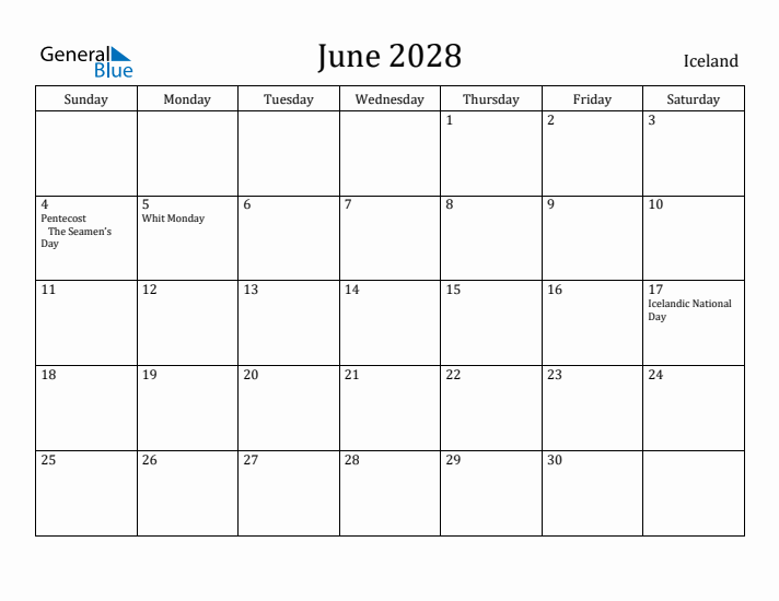 June 2028 Calendar Iceland