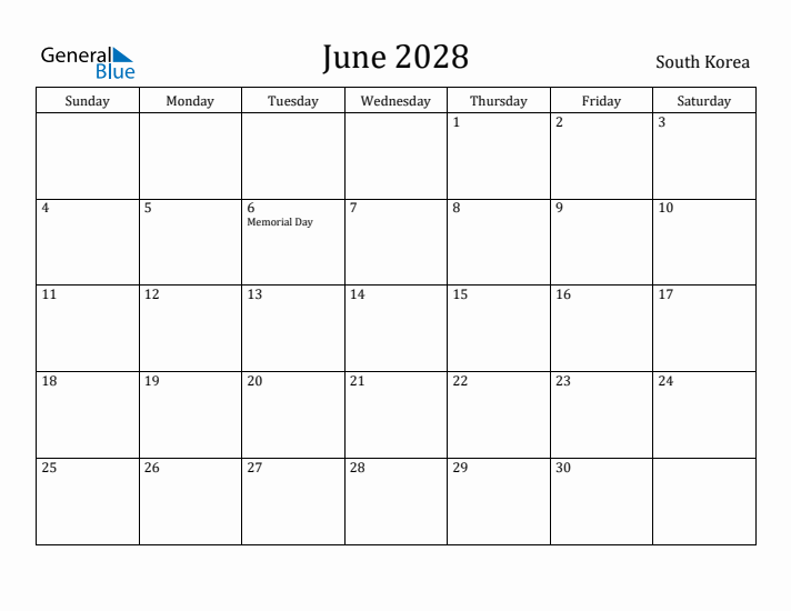 June 2028 Calendar South Korea