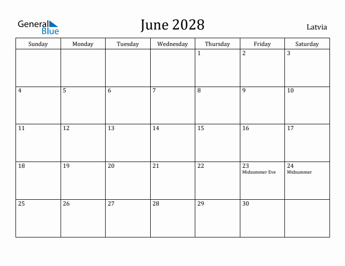 June 2028 Calendar Latvia