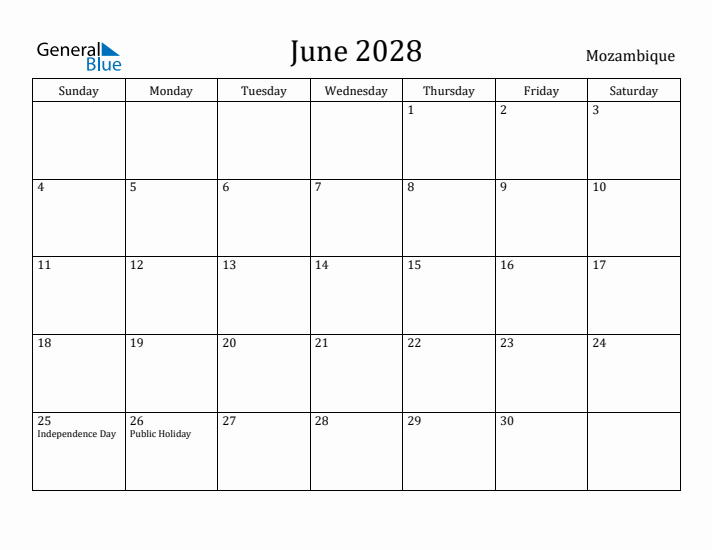 June 2028 Calendar Mozambique