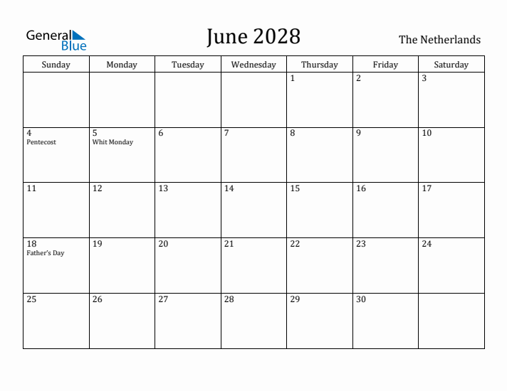 June 2028 Calendar The Netherlands