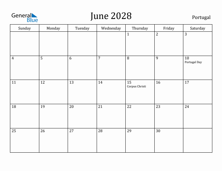 June 2028 Calendar Portugal