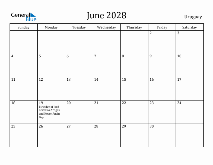 June 2028 Calendar Uruguay