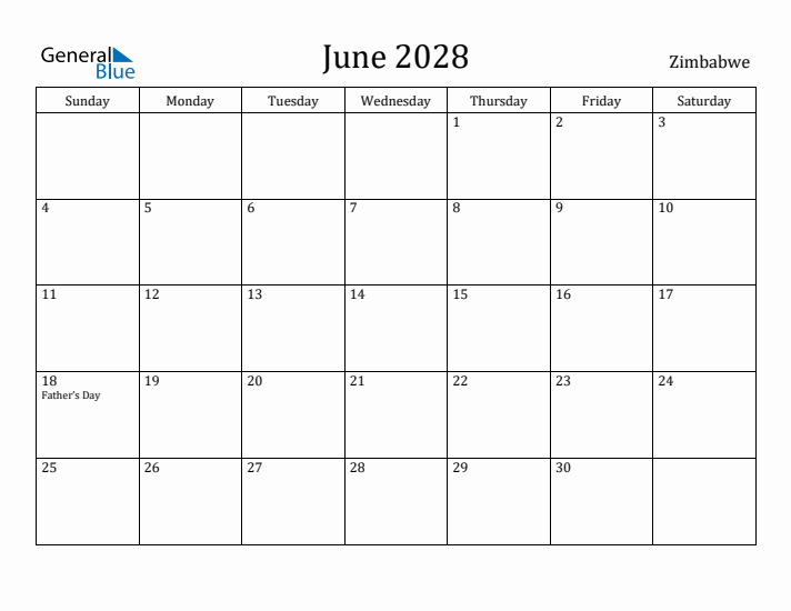 June 2028 Calendar Zimbabwe