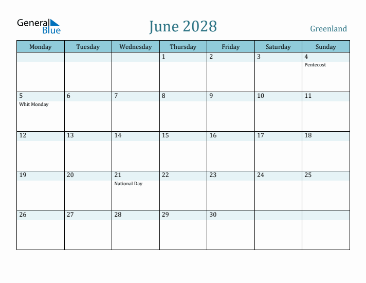 June 2028 Calendar with Holidays