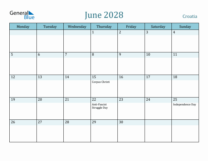 June 2028 Calendar with Holidays