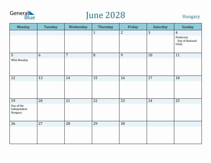 June 2028 Calendar with Holidays