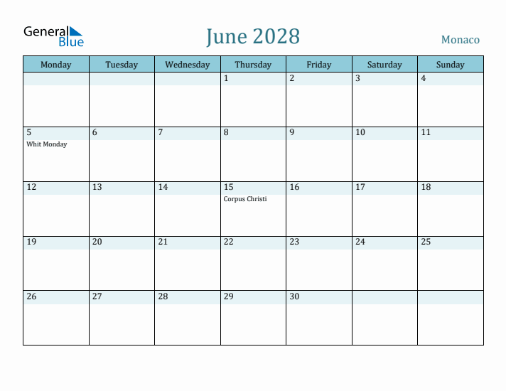 June 2028 Calendar with Holidays