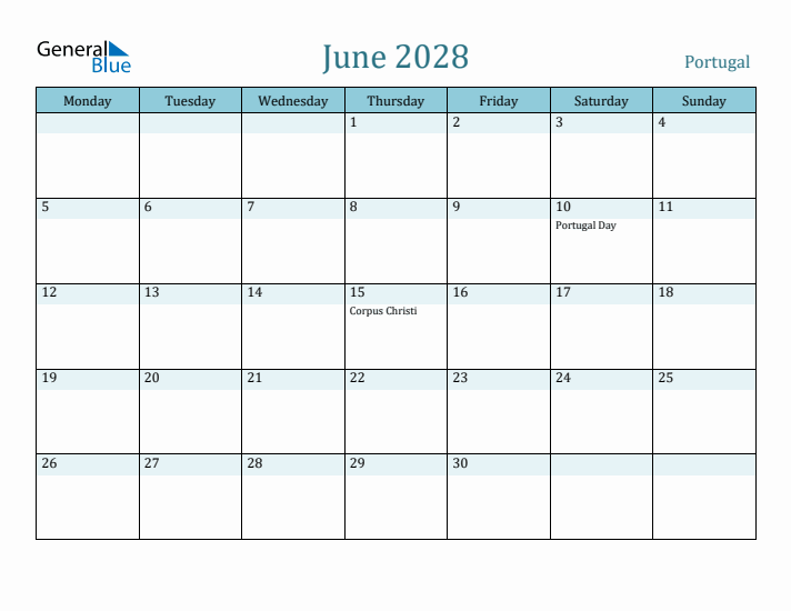 June 2028 Calendar with Holidays