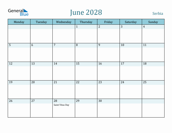 June 2028 Calendar with Holidays