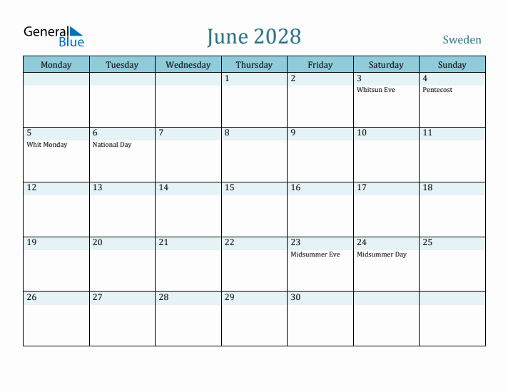 June 2028 Calendar with Holidays