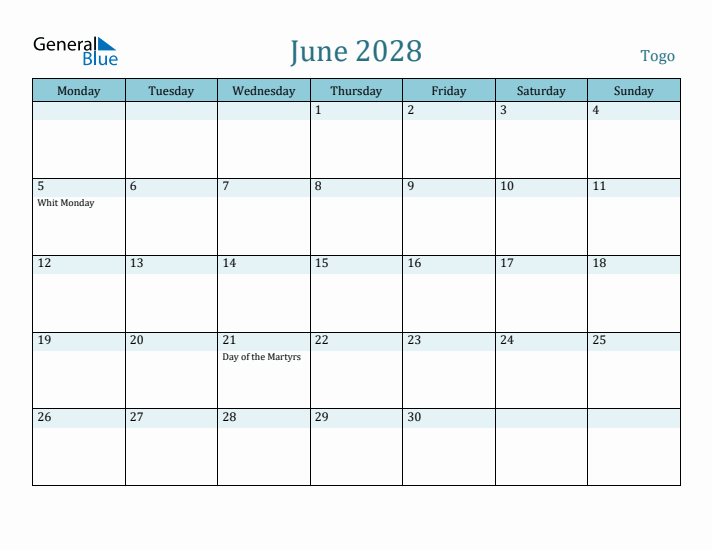 June 2028 Calendar with Holidays