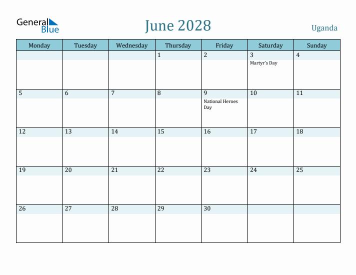 June 2028 Calendar with Holidays