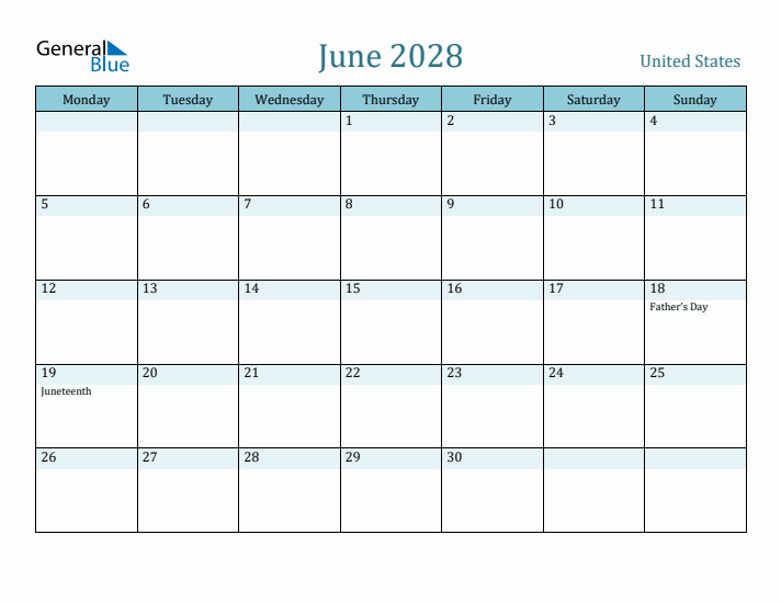 June 2028 Calendar with Holidays