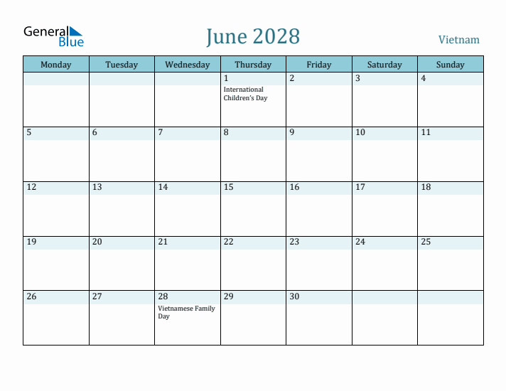 June 2028 Calendar with Holidays