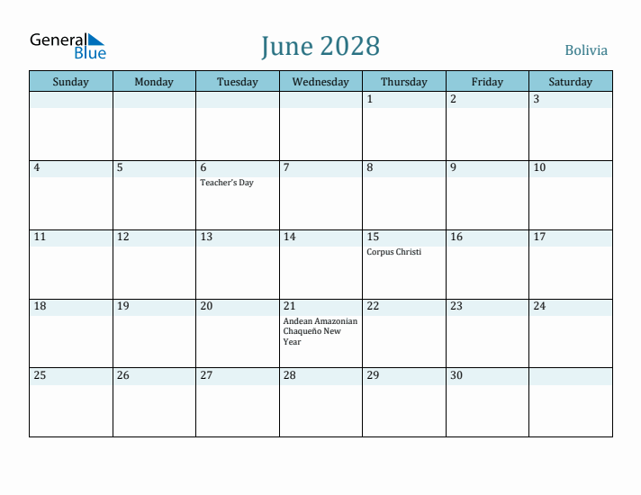 June 2028 Calendar with Holidays